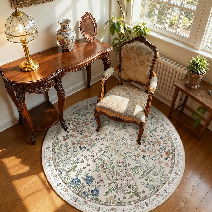Washable Round Rugs for Bedroom 4ft: Living Room Rug Stain Resistant Non Slip Low Pile Ultra Soft Faux Wool Small Circle Rugs for Entryway Kitchen Bathroom Nursery Entrance Dorm Home Office Indoor