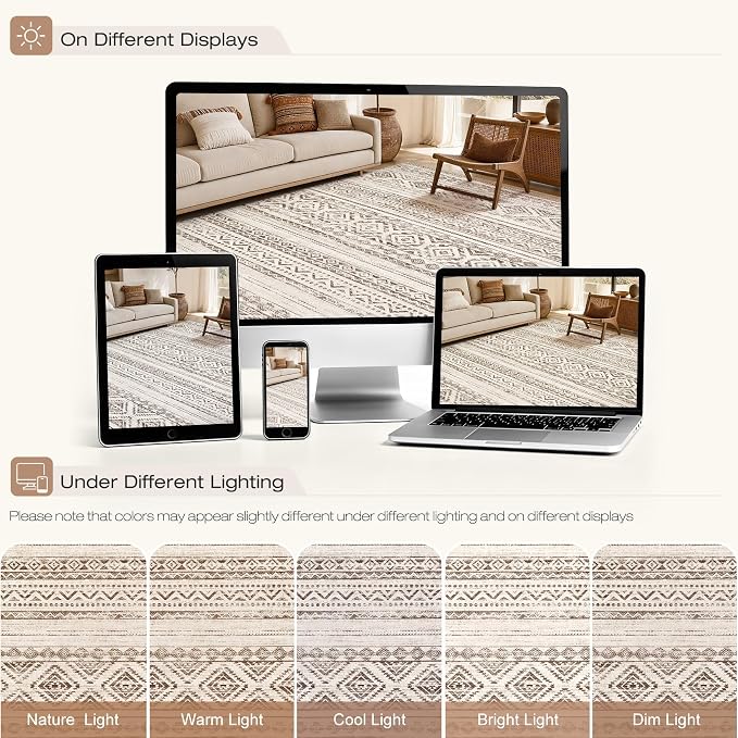 cotiled Boho 5x8 Area Rugs for Living Room: Soft Moroccan Washable Rug | Solve Modern Neutral Trendy Home Decor - Stain Resistan Indoor Carpet for Bedroom Dining Room Dark Brown