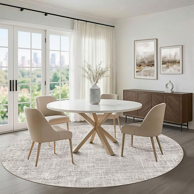 LOONGRUG Round Rug 10x10 Washable Neutral Modern Living Room Rug Brown Gray | Circle Large Abstract Soft Stain Resistant Indoor Non-Slip Carpet for Bedroom Nursery Kids Office Playroom Dining Room