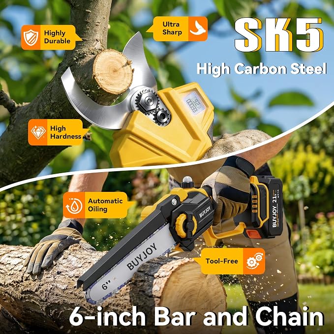 BUYJOY 2-in-1 Mini Chainsaw & Electric Pruning Shears, 1.8" Cutting Capacity, 6 Inch Cordless Chainsaw with 2 x 4.0Ah Batteries, Battery Powered Branch Cutter for Tree Trimming and Garden Pruning
