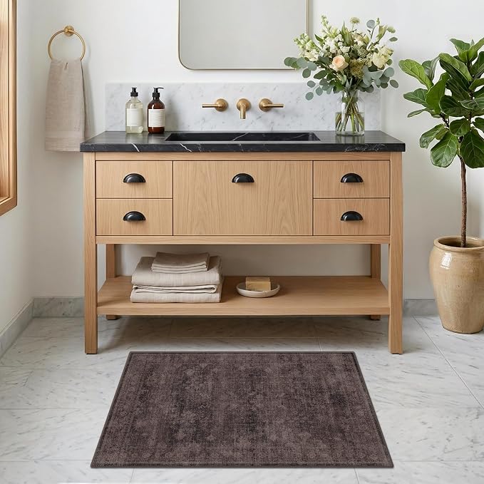 Washable 2x3 Entry Rug for Entryway, Kitchen, Low Pile Anti-Slip Stain Resistant Front Door Mat, Dark Taupe Brown Modern Farmhouse Neutral Distressed Geometric Throw Area Rug for Bathroom