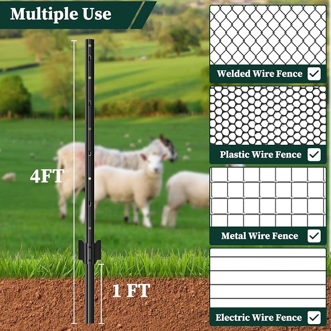 20 Pack Metal Garden Fence Posts 4 FT Black – Heavy Duty U-Post for Wire Fencing, No-Dig Fence Stakes for Temporary Fencing, Corner Anchor Posts, Rustproof Powder-Coated Steel for Farm, Yard & Garden