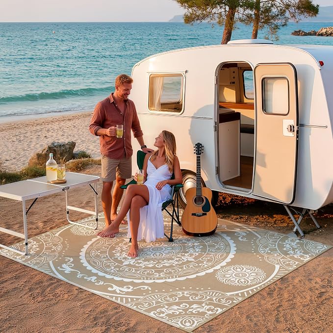 Pauwer Waterproof Outdoor Rug 8x10, Reversible Plastic Straw Patio Camping Rug, Indoor Outdoor RV Mat Carpet for Deck, Camper, Porch, Balcony, Backyard, Picnic, Paisley Brown