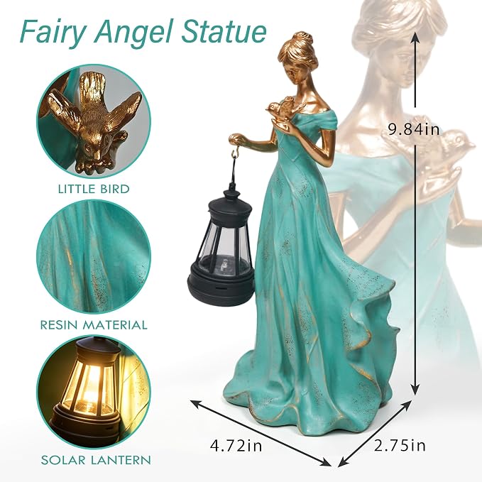 Solar Garden Statue Outdoor - Fairy Angel Statue Holding a Lantern, Waterproof Resin Vintage Green Girl Decoration for Yard Lawn for Woman Mom Grandma