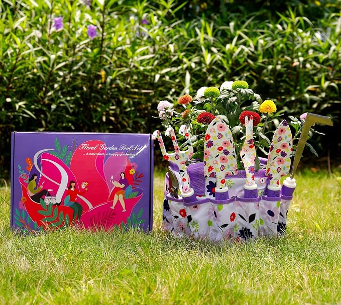 Floral Purple Garden Tool Set Gardening Gifts for Women,Garden Pruning Shears Set,Heavy Duty Gardening Tools Kit,Storage Tote Bucket Bag Organizer,Birthday Gifts for Her