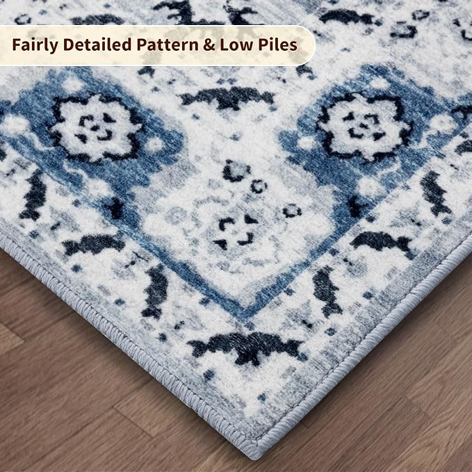 LBRO2M Machine Washable Rug Soft Pet Friendly Carpet 5X7 Blue | Persian Rug 5X7 for Living Room, Bedroom, Dining Room, Home Office, Non Slip Carpet, Foldable Stain Resistant Rugs