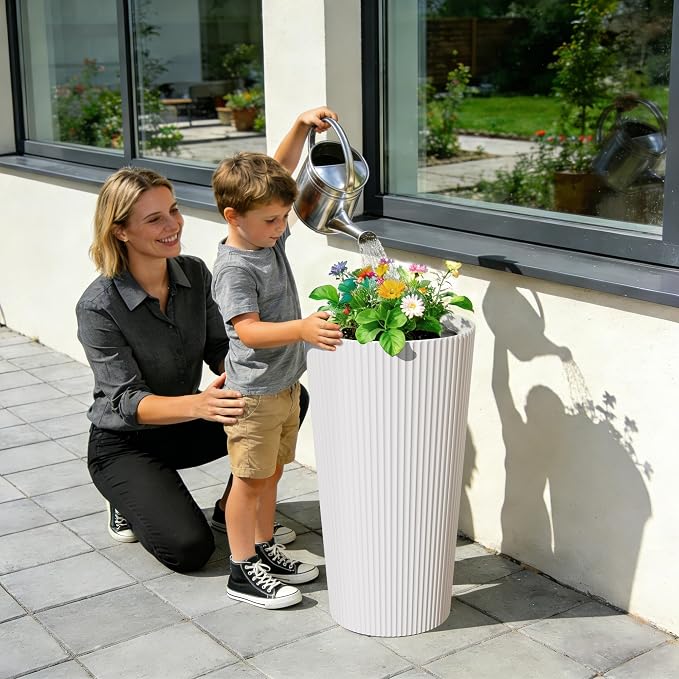 23.6" H Tall Planters for Outdoor Plants Set of 2 - Fluted Large Outdoor Planters for Front Porch Decor with Drainage Hole, Plastic Round Flower Pots Fits Indoor Plants Patio/Garden, White