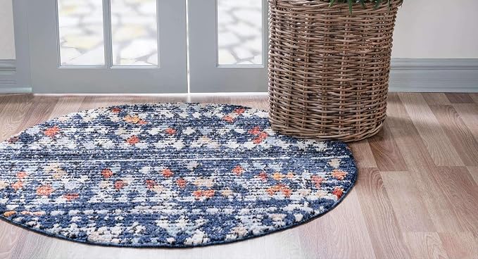 Unique Loom Morocco Collection Abstract Border, Diamond, Bohemian Area Rug (4' 0 x 4' 0 Round, Navy Blue/Black)