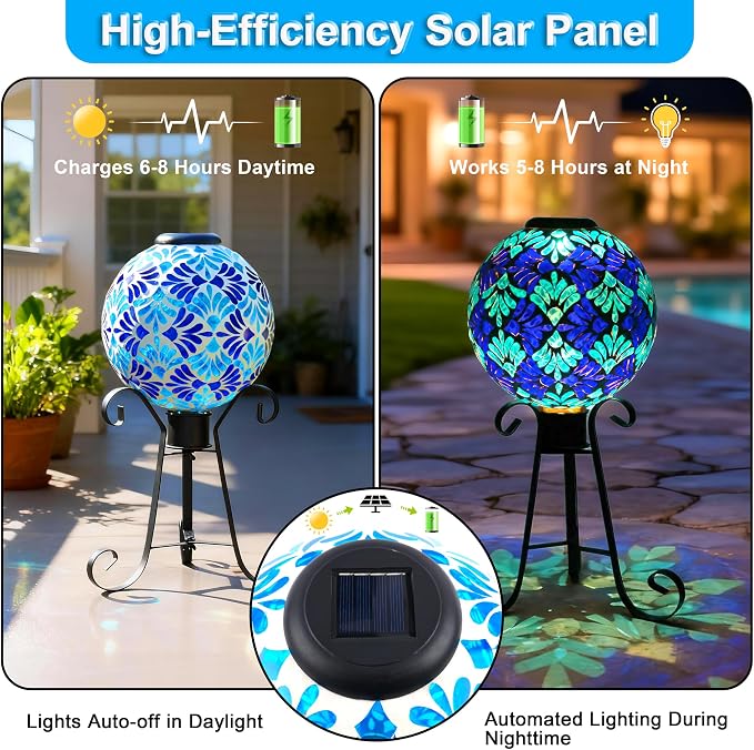 SAVENNA Mosaic Solar Gazing Ball 10 Inch, Glass Garden Globe with Auto On/Off for Yard, Lawn & Outdoor Decor, Blue Mosaic