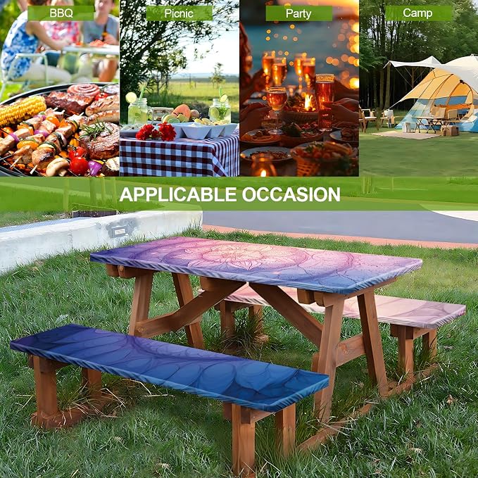 Mandala Design Picnic Table Cover with Bench Covers Set of 3 - Colorful Gradient Geometric Pattern, Elastic Fitted Tablecloth for 6 Ft Tables, Washable Polyester Cover for Patio, Indoor & Outdoor