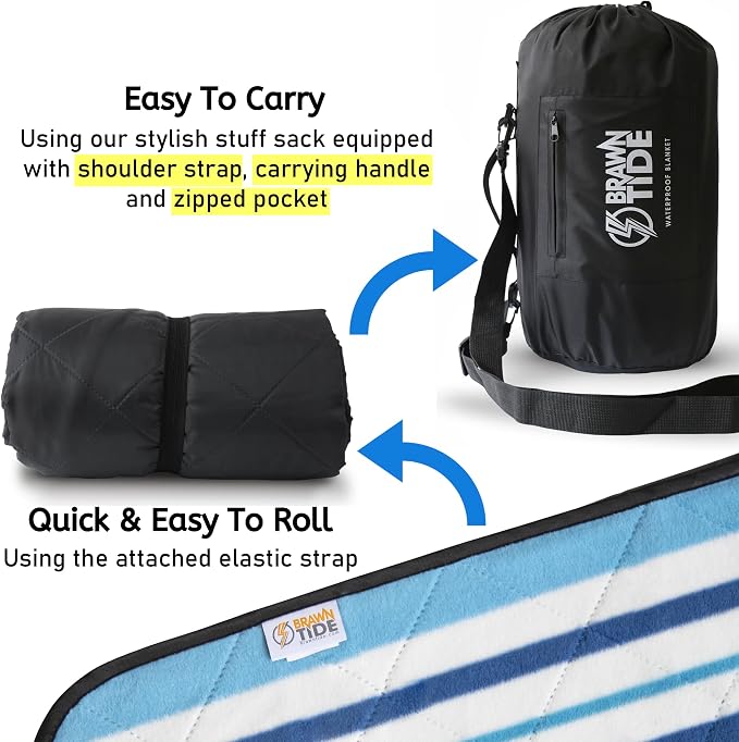BRAWNTIDE Large Waterproof Outdoor Blanket, Extra Thick Fleece, Warm, Windproof & Sandproof, Quilted Stadium Blanket for Sports Events, Beach, Camping, Picnics, Dogs & Car, 82" x 55