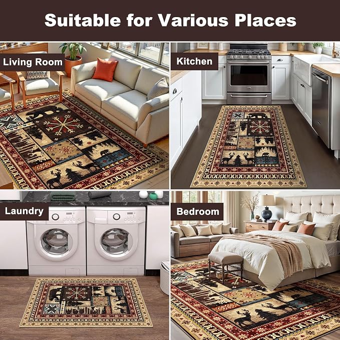 LOKHOM 8x10 Rustic Cabin Area Rug, Non-Slip Washable Western Lodge Bear Rug | Bear Pattern, Low Pile, Soft Vintage Wildlife Accent Floor Carpet, For Living Room Bedroom Entryway Nursery