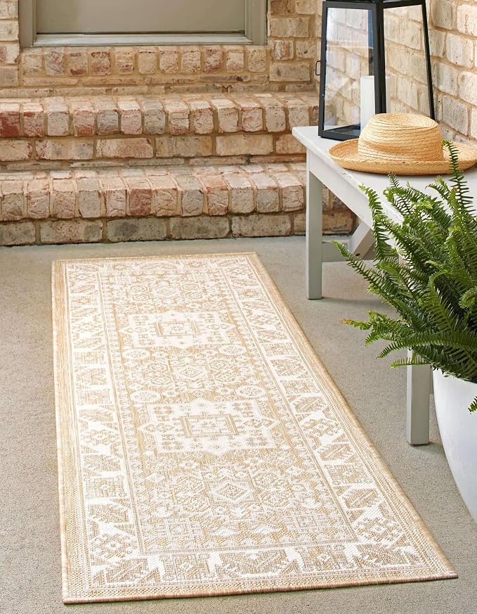 Unique Loom Outdoor Aztec Collection Area Rug - Chalca (2' x 6' 1" Runner, Natural/ Ivory)