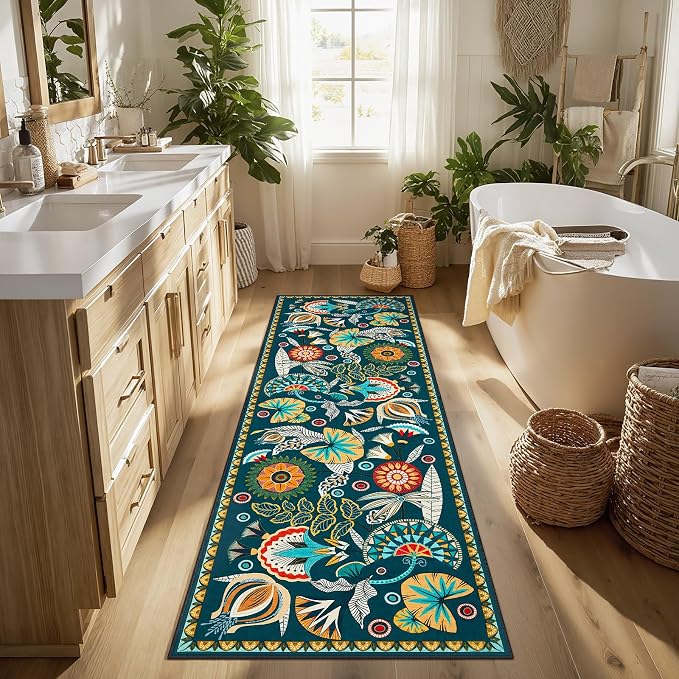 Joydeco Egypt Floral Boho 2x8 Washable Hallway Kitchen Runner Rug Non Slip | Dark Green Botanical Colorful Non Slip Stain Resistant Low Pile Flower Indoor Carpet Runner for Entry Laundry Room Bathroom