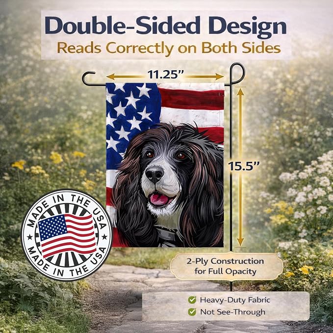 Caroline's Treasures CK6679GF Russian Spaniel Dog American Flag Garden Flag Mailbox Flag Decorative Yard Flag Banner Outside Patio Artwork Yard Flower Beds, Garden Size, Multicolor
