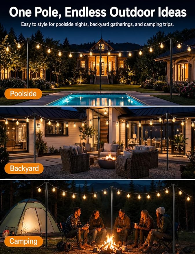 6 Pack String Light Poles for Outside, Thickened Metal Lights Hanger Pole Outdoor with Fork, Lighting Hanging Post Accessories for Patio Decor Garden Backyard Yard Front Porch Outside Decorations