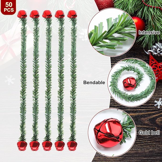 50 Pcs 20 Inches Christmas Garland Ties with Bells Decorative Twist Ties Garland Hanger for Banister Stairs Railing Garden Reusable Flexible Twist for Xmas Holiday Decorations (Red)