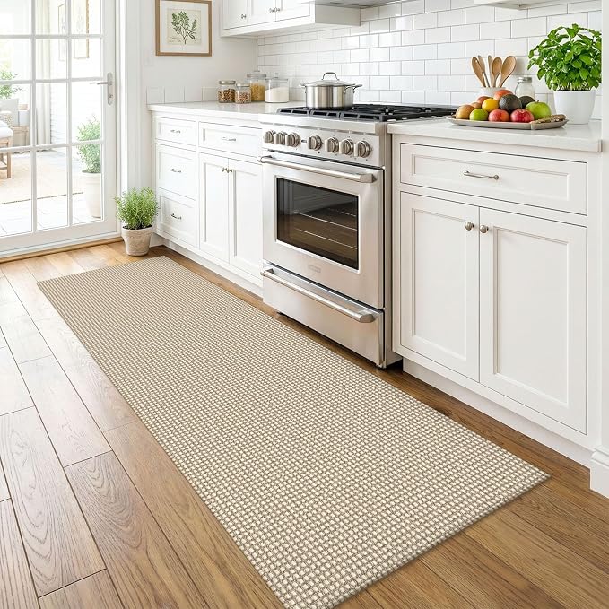 KOZYFLY Runners for Hallways 2x6 ft Washable Kitchen Runner Non Slip Rubber Backed Hall Runners Cotton Entryway Runner Rugs for Indoor Backdoor Bedroom Kitchen, Ivory/Camel/Brown