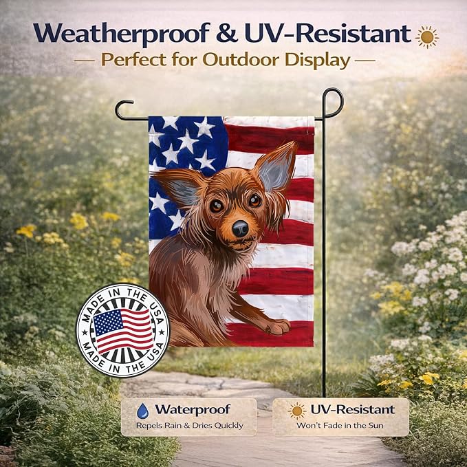 Caroline's Treasures CK6680GF Russian Toy Dog American Flag Garden Flag Mailbox Flag Decorative Yard Flag Banner Outside Patio Artwork Yard Flower Beds, Garden Size, Multicolor