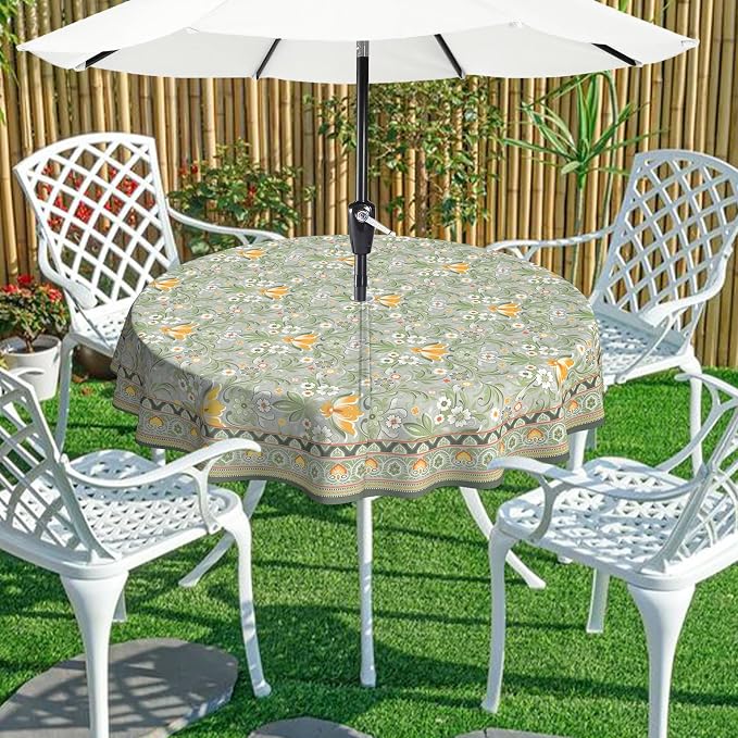 Green Outdoor Tablecloth with Umbrella Hole 60" x 60" Waterproof Zipper Table Cloth for Patio Table - Ideal Tablecloths for Picnics, Camping, and Yard Use
