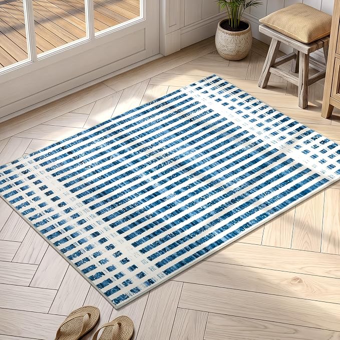 Washable 2x3 Modern Striped Area Rug, Abstract Small Throw Rug for Entryway | Beige Blue, Soft Low Pile, Skin Friendly, Non-Slip for High Traffic, Entrance Vintage Coastal Nautical Style Home Decor