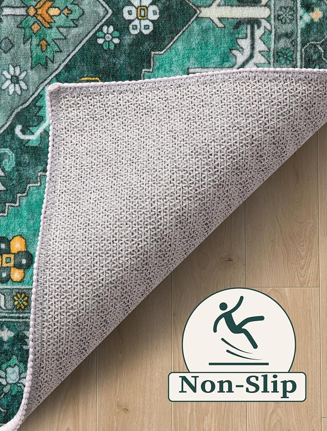SERISSA 2'6"x16' Washable Non Slip Boho Runner Rug for Hallway，Teal | Ultra Soft Vintage Oriental Carpet Low-Pile Tribal Floor Carpet for Kitchen Bedroom Entryway Bathroom Laundry Room