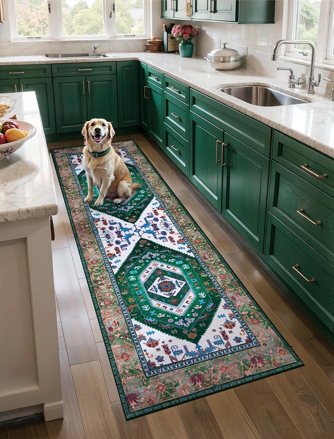 SERISSA 2x6 Washable Non Slip Boho Runner Rug for Hallway，Green White | Ultra Soft Vintage Oriental Carpet Low-Pile Distressed Tribal Floor Carpet for Kitchen Bedroom Bathroom Laundry Living Room