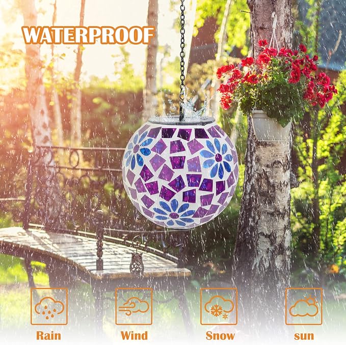 Mosaic Solar Lantern Outdoor Waterproof Glass Hanging Solar Lights, Purple | Solar Hanging Lantern IP44 Waterproof Mosaic Gazing Ball with White LED Lights, Metal Hanging Chain, Outdoor Pathway Decor