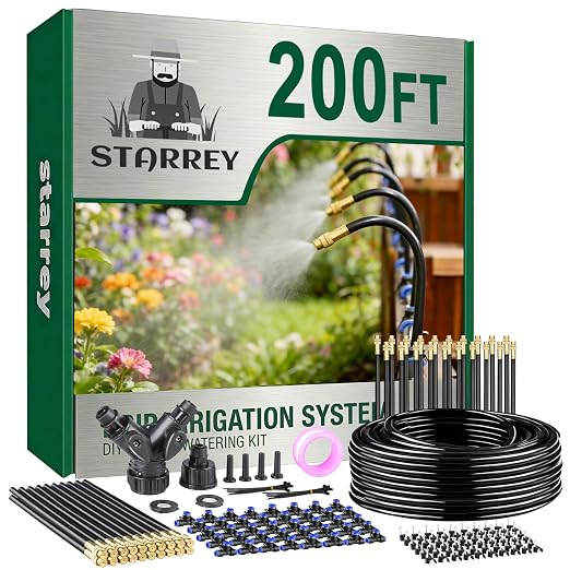 Drip Irrigation System, 2026-Upgrade 200Ft 1/4" Garden Watering System with 40 Pcs 360° Adjustable Copper Nozzles, DIY Kit for Garden, Lawn, Greenhouse, Raised Beds & Outdoor Plants