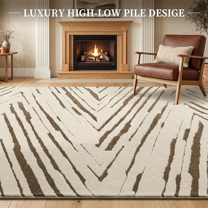 8x10 Area Rug for Living Room, Large Washable Cream Brown Rug | Large Washable Rug for Living Room, Dining Room, Bedroom, and Family Room with Abstract Stripes and Non-Slip Backing.