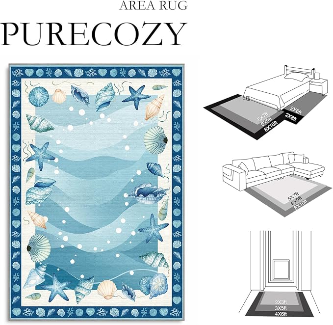 Coastal Area Rug 2x6 for Living Room, Nautical Beach Ocean Modern Print Area Rug, Blue Non-Slip Low-Pile Machine Washable Indoor Floor Carpet for Dining Room Bedroom Office