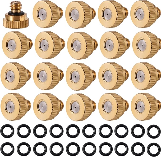 20 Pack Brass Misting Nozzles with 20Pc Brass Misting Nozzles O Ring, Heavy Duty Misting Nozzle 0.012" Orifice (0.3 mm)10/24 UNC for Outdoor Cooling System Dust Control