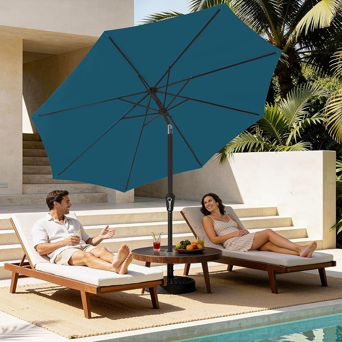 MEWAY 9ft Patio Umbrella Outdoor Table Umbrellas with Push Button Tilt and Crank, Market Umbrella 8 Sturdy Ribs for Deck, Garden, Pool and Backyard, Lake Blue