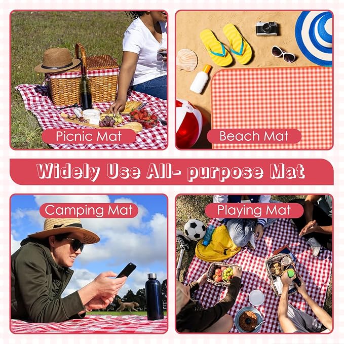 Portable Picnic Blanket, Waterproof Sandproof Foldable Outdoor Mat with Handle for Beach, Camping, Hiking, Travel, and Family Concerts, Red