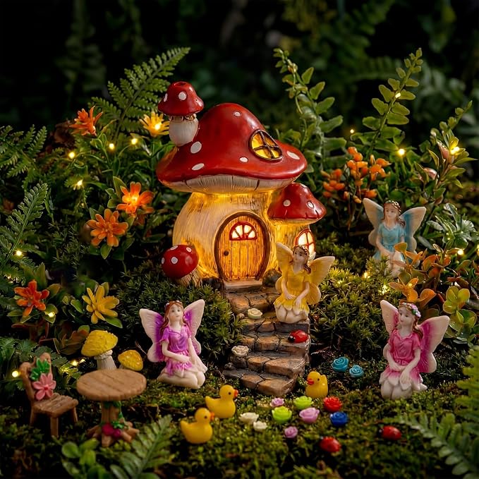 Poen 70 Pcs Fairy Garden Accessories Mini Garden Kit Miniature Fairy Figurines Landscape Decor with Mini Bridge Pond Mountain House Figurines Swan Ladybug Butterfly Figures Bulk for Dollhouse Craft