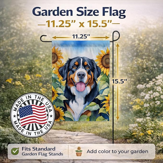 Caroline's Treasures DAC6026GF Bernese Mountain Dog in Sunflowers Garden Flag Mailbox Flag Decorative Yard Flag Banner Outside Patio Artwork Yard Flower Beds, Garden Size, Multicolor