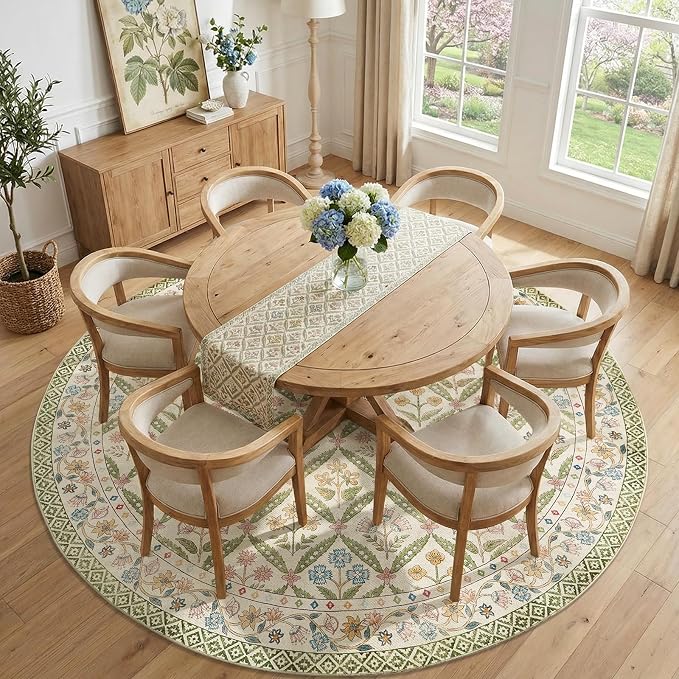 jinchan Round Rug 8ft Vintage Floral Washable Circle Area Rug, Sage Green | Soft & Lightweight, Checkered Floral, Low Pile, Non Slip, Dining Room, Living Room, Bedroom, Girls Room, Kids Room Decor