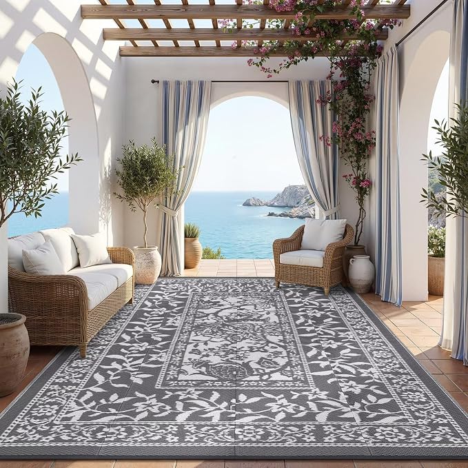 Garvee Outdoor Rug 9x12, Waterproof Reversible Foldable Plastic Straw Rug, Botanical cottagecore Outdoor Rugs Patio Camping RV Carpet for Deck Camper Porch Balcony Backyard Picnic Beach Grey
