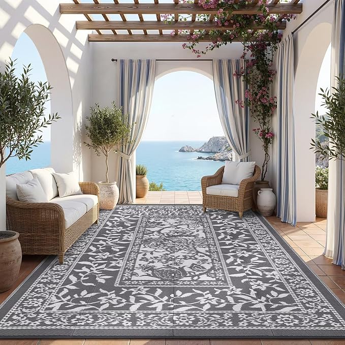 Garvee Outdoor Rug 8x10, Waterproof Reversible Foldable Plastic Straw Rug, Botanical cottagecore Outdoor Rugs Patio Camping RV Carpet for Deck Camper Porch Balcony Backyard Picnic Beach Grey