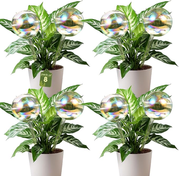 VZZNN 8 Pack Rainbow Glass Plant Watering Globes - Self Watering Planter Insert, Plant Watering Devices for Water Plants While Away, Indoor Outdoor Automatic Slow-Release Watering Bulbs