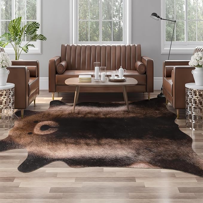 AROGAN Premium Bear Print Rug, Faux Animal Hide Rugs, Non-Slip 4.6 x 5.2 Ft | Machine Washable Animal Print Hide Leopard Skin Area Rug for Bedroom Living Room Home Decor Pet Friendly