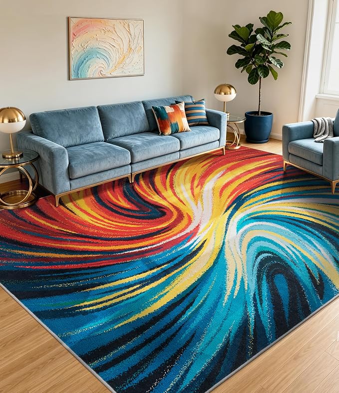 Abstract Colorful Area Rugs 8x10,Uniqe Milky Way Cool Rugs Washable,Spiral Galaxy Funky Rug for Living Room,Non Slip Art Rug for Bedroom,Kitchen,Dining Room