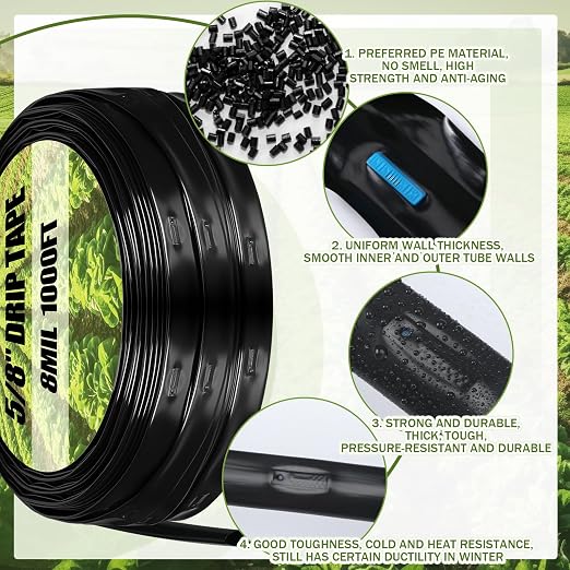 Tondiamo 1000' 5/8 Inch Drip Tape Irrigation Tubing Kit 8 Mil 6" Spacing Garden Hose Watering Tube Line Automatic Equipment for Garden Irrigation System Farms, Landscape, Lawn