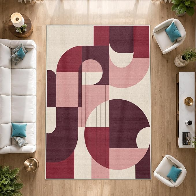 5x7 Burgundy and Pink Geometric Area Rug for Living Room Bedroom Dark Abstract Modern Large Rug Machine Washable Non-Slip Carpet for Dining Room Office