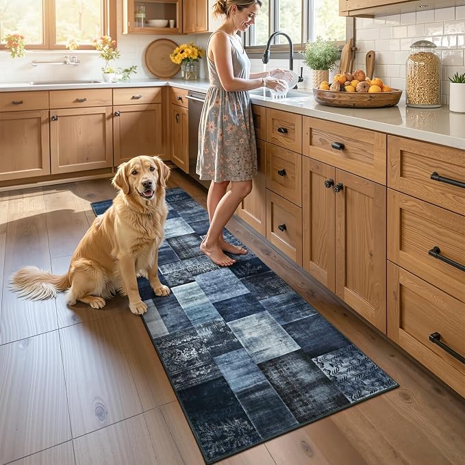 Runner Rug for for Hallways, 2'x6' Washable Kitchen Rugs with Non Slip Rubber Backing, Soft Low Pile Non-Shedding Geometric Carpet for Laundry Bedroom Bathroom, Navy Blue