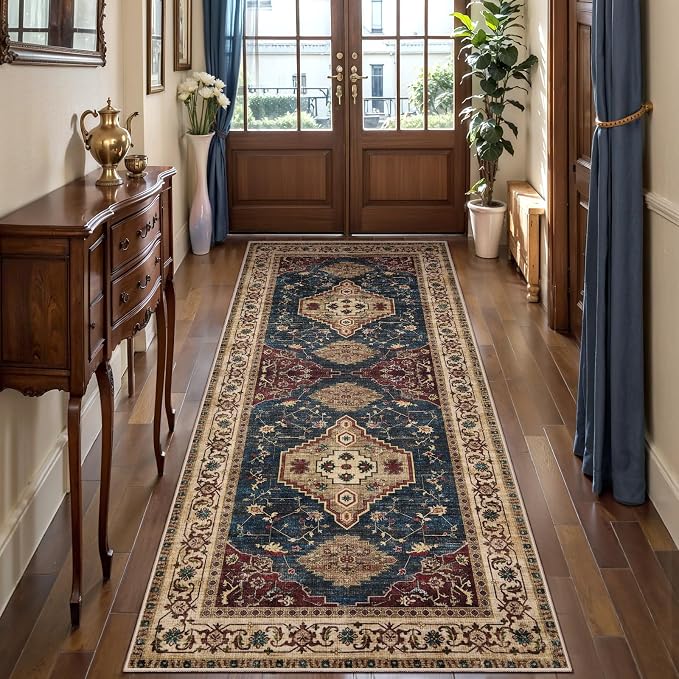 Tangsoo Vintage 2x6 Washable Runner Rugs for Hallways, Non Slip Rug Runner | Oriental Soft Low Pile Long Rug, Boho Carpet Runners for Kitchen Bedroom Entryway Bathroom Living Room Dark Blue Beige