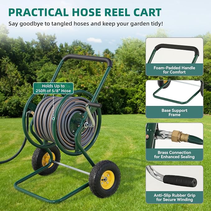 Hose Reel Cart, 250FT 5/8" All-Terrain Mobile Water Hose Truck, Heavy-Duty Rust-Proof Iron Frame Industrial Garden Cart for Outdoor Lawn Yard & Car Washing