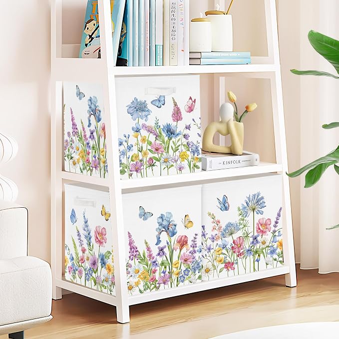 Clastyle Flowers Storage Cube Organizer Set Handle Closet Clothes Cube with Metal Frame Foldable Parents Organizer Storage Basket for Book Toy,Blue Flowers,11.8x11.8x11.8 in