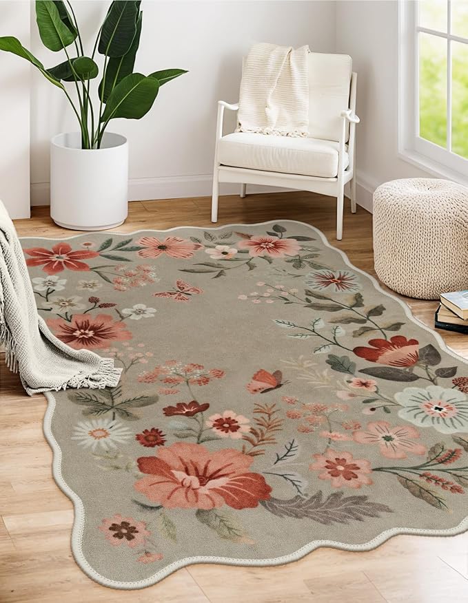 Lahome Floral Washable Rug, 3x5 Rug Soft Bedroom Rugs for Entryway Dorm | Non Slip Ultra-Thin Boho Rugs for Living Room Stain Resistan Throw Carpet for Nursery Entrance Flore, Brown