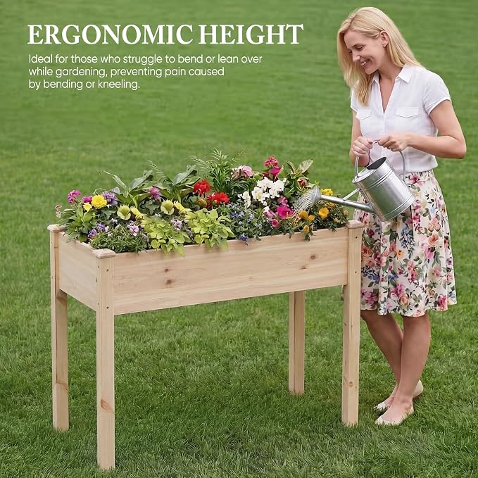 DUMOS Raised Garden Bed 34x18x30 Inch, Outdoor Planter Box with Legs, Elevated Wood Garden Bed with Liner for Herbs Flowers Vegetables, Wooden Planter Box for Patio, Balcony, Backyard, Natural Wood
